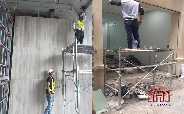 Quy trình ốp đá hoa cương mặt tiền - Bước 2: Gắn bát, bu lông nở và đổ keo vào